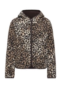 Fleecepulli med dragkedja i brun och krämfärgad leopardmönster, som har en huva, sidofickor och en brun dragkedja.