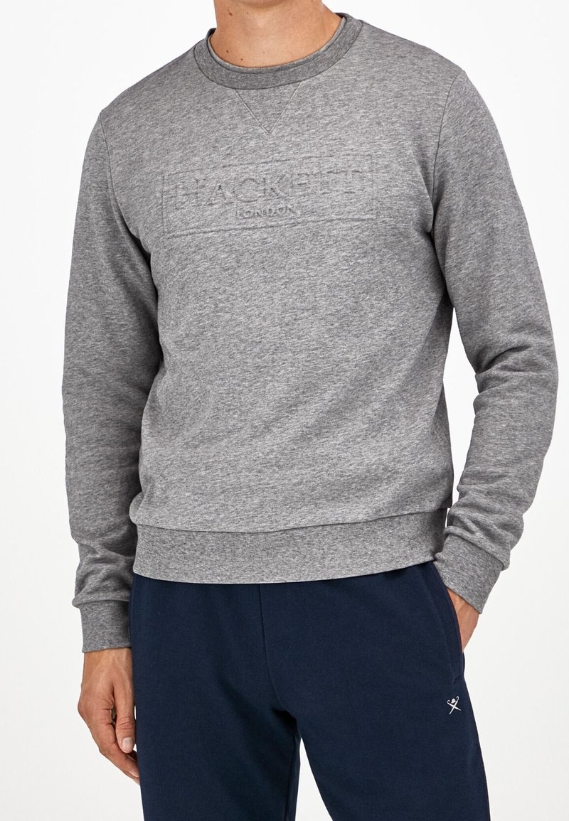 Sudadera gris con cuello redondo, puños de canalé, logo texturizado en la parte frontal y un corte relajado. Tejido suave de mezcla de algodón.