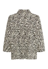 Giacca stampata in beige e nero con motivo leopardato; vestibilità ampia con spalle scese e colletto; tessuto leggero con texture liscia.