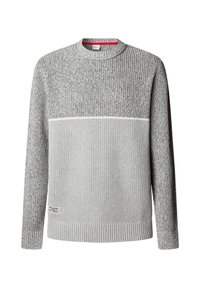 Grauer gestrickter Pullover mit strukturiertem Oberteil, glattem Unterteil, gerippten Bündchen und Saum. Verfügt über einen dezenten weißen Streifen über der Brust.