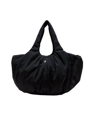Sac à main en tissu noir rembourré avec une base large et arrondie et deux anses formant une boucle en haut.