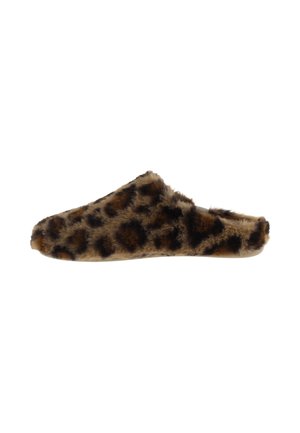 Pantofole in pelliccia sintetica con fantasia leopardata, suola piatta e punta chiusa.