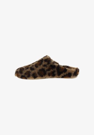 Pantoffel van namaakbont met een luipaardprint, platte zool en gesloten teen.