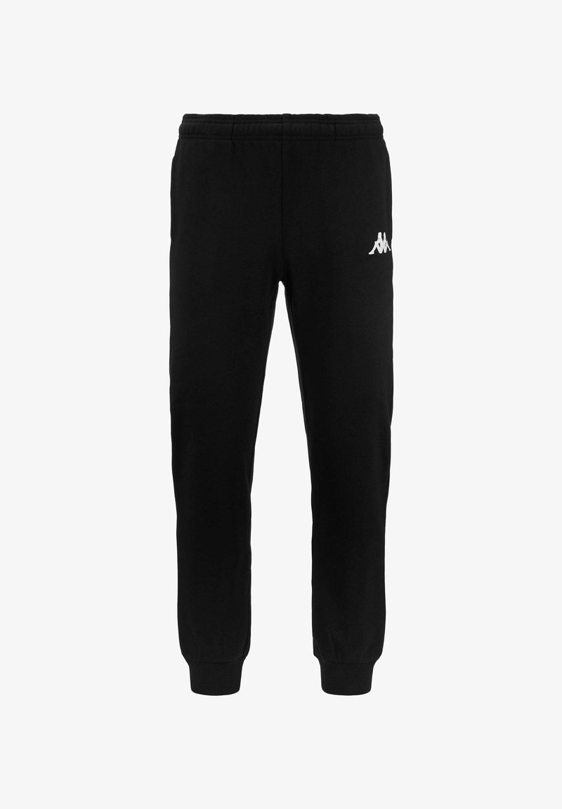 Zwarte sweatpants met een zachte stof, elastische tailleband en boorden, met een wit logo op het bovenste gedeelte van het linkerbeen.