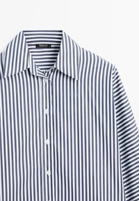 Camicia a righe blu e bianche con colletto, chiusura frontale con bottoni e maniche lunghe. Realizzata in tessuto leggero con una texture liscia.