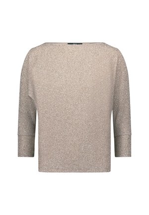 Csillogó bézs felső széles nyakkivágással, háromnegyedes ujjakkal és laza szabással. A texturált csillámló felület fényes részletet kölcsönöz.