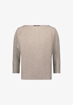 Sparkly beige top with a wide neckline, three-quarter sleeves, and a loose fit. Textured glitter finish adds a shimmering detail.