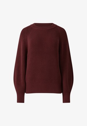 Burgundy neulepusero, jossa on ribbikuvio, pyöreä pääntie ja ilmapallohihat. Varustettu vaalealla ribbireunalla ja hihansuilla.