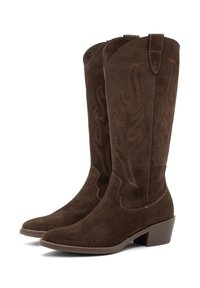 Pair of brown suede cowboy boots with decorative stitching and mid-height heels on a white background.