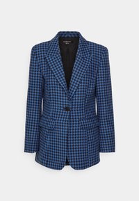 Σακάκι με μοτίβο μπλε και μαύρου houndstooth, με γιακά με εγκοπές, μία μαύρη θηλιά κουμπιού και δύο εμπρόσθιες τσέπες με καπάκια.