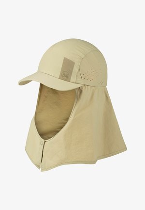 Beige Sonnenschutzkappe mit Nackenschutz, gebogenem Schirm, seitlichen Belüftungsöffnungen und Druckknopfverschluss vorne unten.