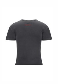 Dark gray short-sleeved t-shirt, made from cotton. Features a round neck and red embroidered logo on the upper back. Smooth texture.