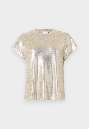 Kurzärmliges Stricktop mit metallischem Goldschimmer, Rundhalsausschnitt und legerer Passform, auf hellem, einfachem Hintergrund abgebildet.