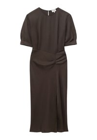Robe midi brun foncé avec manches courtes bouffantes, encolure ronde, fente latérale et détail froncé subtil à la taille.