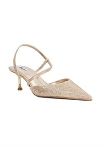 Pointed-toe slingback heel in light gold fabric with sparkling embellishments, thin adjustable straps, and a slim metallic heel.