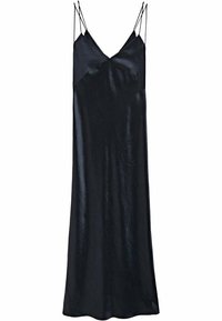 Robe nuisette en satin noir avec fines bretelles réglables, un décolleté en V et une silhouette fluide. Texture lisse et finition brillante.