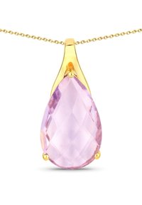 Tåreformet vedhæng med en facetteret lavendelsten indsat i en guldfarvet metalramme, hængende fra en delikat kæde.