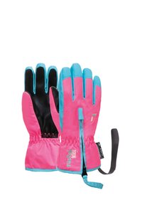 Børnehansker med et livligt pink og turkis design, sort håndflade, elastisk håndled og en sikkerhedsrem på siden.