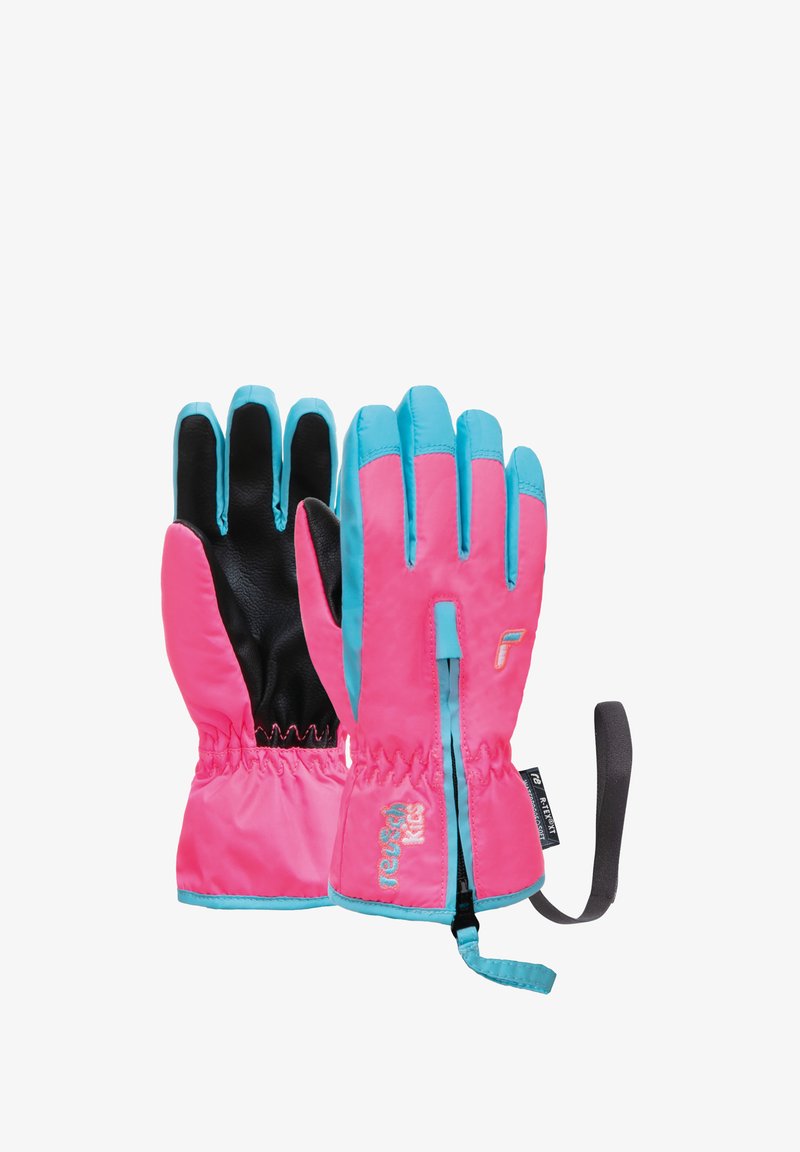 Børnehansker med et livligt pink og turkis design, sort håndflade, elastisk håndled og en sikkerhedsrem på siden.