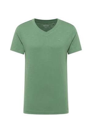 Green short-sleeve V-neck T-shirt made of lightweight fabric. Features minimal texture and a small logo on the chest.
