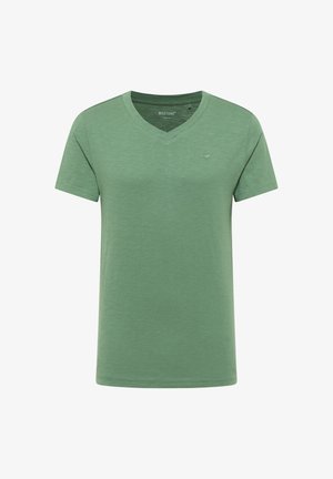 Green short-sleeve V-neck T-shirt made of lightweight fabric. Features minimal texture and a small logo on the chest.