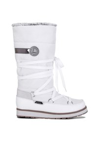 White waterproof winter boot with padded upper, grey faux fur lining, silver accents, and crisscross lace design for secure fit.