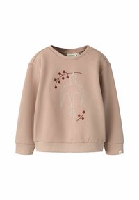 Rosa bomulls-sweatshirt med rund hals, lange ermer og et brodert fugledesign med dekorative grener i burgunder.