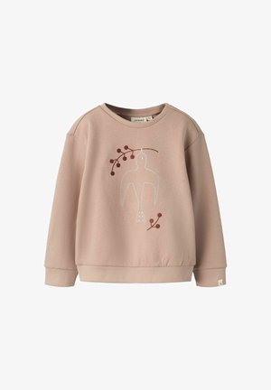 Różowa bawełniana bluza z okrągłym dekoltem, długimi rękawami i haftowanym wzorem ptaka z dekoracyjnymi gałązkami w kolorze bordowym.