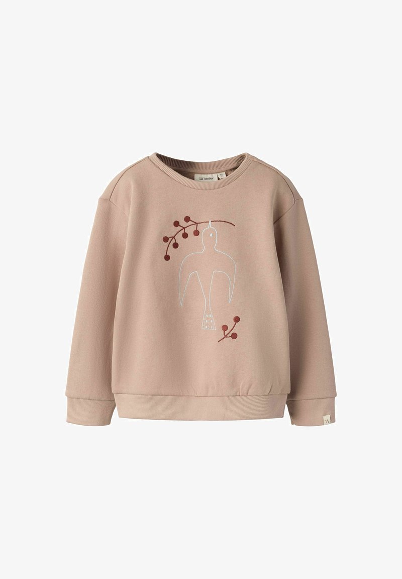 Felpa rosa in cotone con scollo rotondo, maniche lunghe e design ricamato di un uccello con rami decorativi color bordeaux.