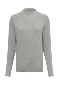 Grau geripptes Strickpullover mit hohem Kragen, langen �Ärmeln und lockerer Passform. Merkmale eine strukturierte Oberfläche und nahtloses Raglan-Schulterdesign.