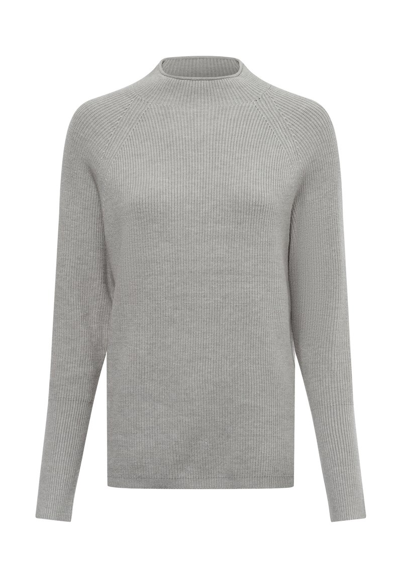 Grau geripptes Strickpullover mit hohem Kragen, langen Ärmeln und lockerer Passform. Merkmale eine strukturierte Oberfläche und nahtloses Raglan-Schulterdesign.