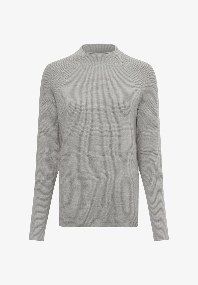 Gray ribbed knit sweater with a high neckline, long sleeves, and a relaxed fit. Features textured surface and seamless raglan shoulder design.