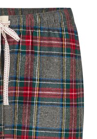 Kostkované pyžamové kalhoty z šedé látky s červenými, zelenými, modrými a žlutými kostkovanými vzory, elastickým pasem a bílým šňůrkovým stahováním.