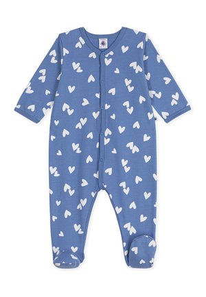 Blauer Baby-Strampler mit langen Ärmeln und Füßen, bedeckt mit einem Muster aus verstreuten weißen Herzen, vordere Druckknopfleiste.