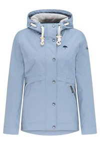 Ljusblå vattentät jacka med dragsko huva, silverfärgade tryckknappar, sidofickor och en paraplygrafik på bröstet.