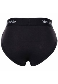 Schwarze Baumwoll-Damenunterhose mit breitem elastischen Bund, der mit weißem "Marc O'Polo"-Branding versehen ist; glatte Textur, vollflächiges Design.
