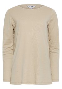 Maglietta beige a maniche lunghe realizzata in tessuto leggero, con scollatura ampia e una vestibilità comoda, caratterizzata da una texture liscia. Etichetta visibile all'collo.