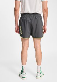 Grå sportshorts med gröna accenter och chevronmönster på sidorna. Elastisk midja för komfort, tillverkade av lätt material.