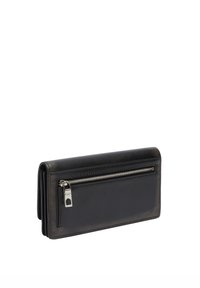 Portefeuille en cuir noir avec une texture lisse, doté d'une poche zippée et d'un design élégant. Forme compacte et rectangulaire avec des coutures visibles.