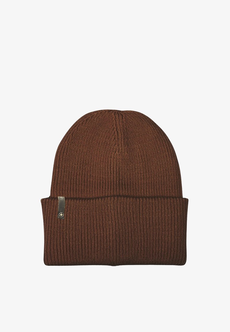Brown knitted beanie with ribbed texture, foldable cuff, and a small metallic logo tag on the side. Resilient, stretchy fabric.