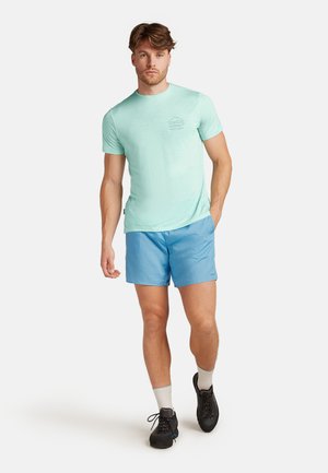 Mintgroene shirt met korte mouwen met een bergafbeelding op de borst, gecombineerd met lichtblauwe shorts en zwarte schoenen. Casual sportoutfit.