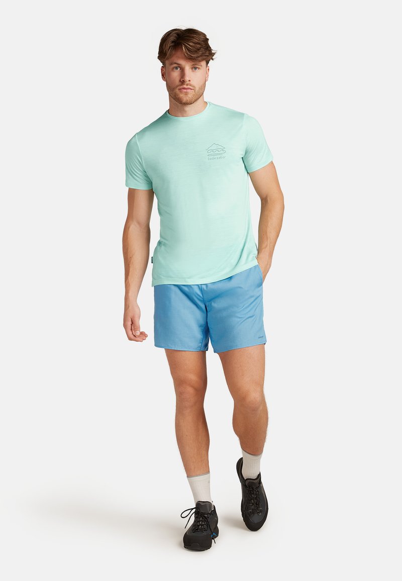 Mint green short-sleeve shirt with a mountain graphic on the chest, paired with light blue shorts and black shoes. Casual athletic outfit.
