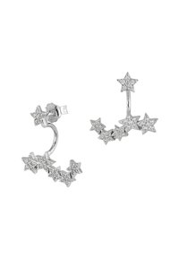 Boucles d'oreilles en forme d'étoile argentées, présentant plusieurs étoiles avec une surface texturée et des cristaux transparents incrustés, conçues avec une tige courbée.