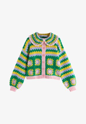 Cardigan tricotat colorat cu guler mare dantelat, nasturi roz și dungi verzi, galbene, mov, precum și modele florale pătrate pe mâneci și corp.
