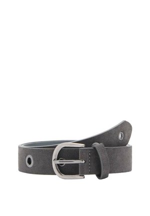 Ceinture en suede gris avec une boucle en métal argenté, présentant une texture lisse, des bords arrondis et une fermeture à simple ardillon.