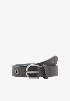 Ceinture en suede gris avec une boucle en métal argenté, présentant une texture lisse, des bords arrondis et une fermeture à simple ardillon.