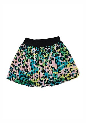 Gonna plissettata in morbido tessuto con vita nera. Stampa leopardata audace con colori verde, blu, rosa e nero. Lunghezza corta.