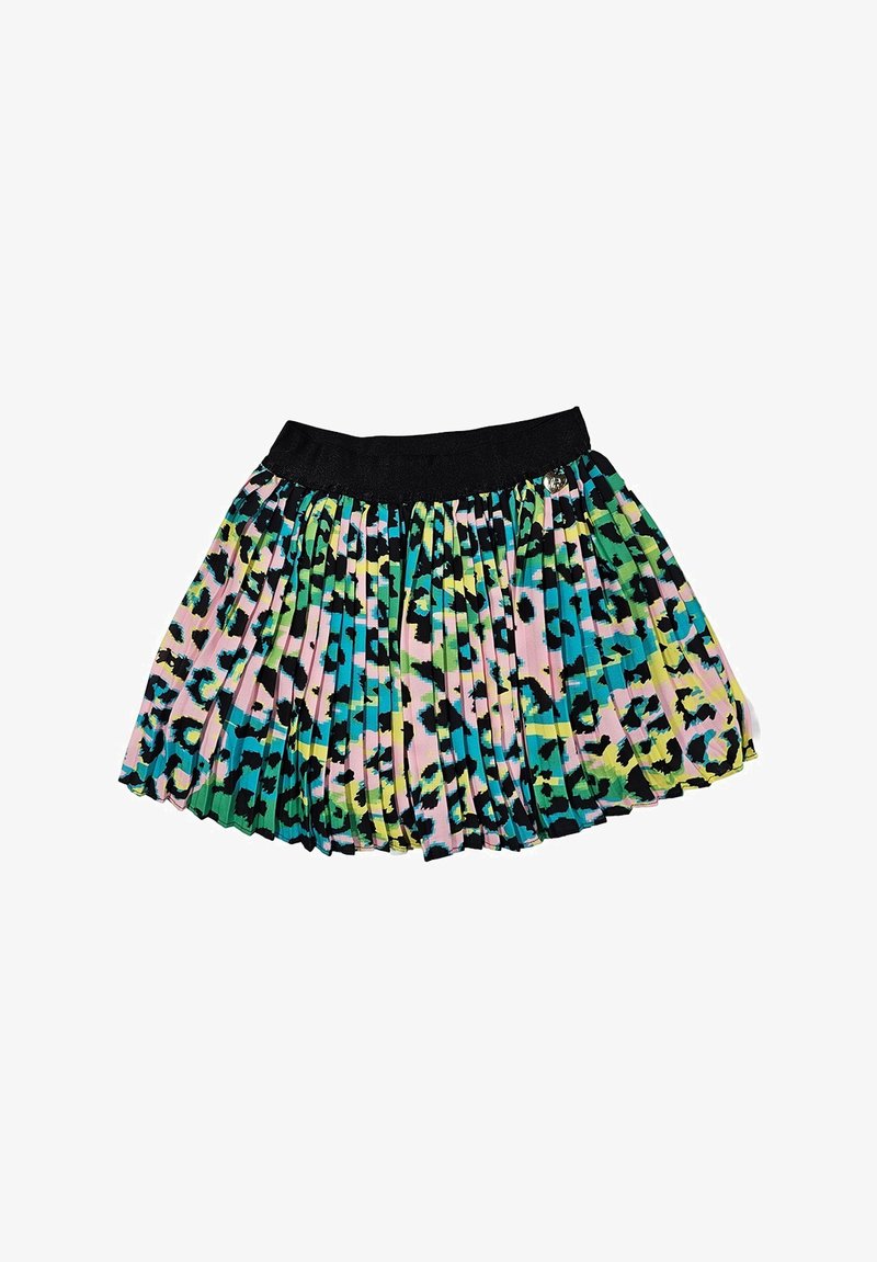 Gonna plissettata in morbido tessuto con vita nera. Stampa leopardata audace con colori verde, blu, rosa e nero. Lunghezza corta.