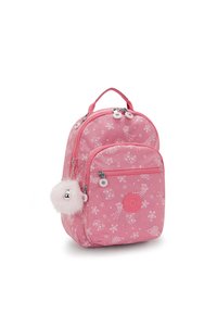 Mochila pequeña rosa con patrón de estrellas blancas y gatos, bolsillo frontal con cremallera, asa en la parte superior, doble cremallera y llavero con charm de pom-pom esponjoso adjunto.
