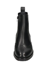 Schwarze Lederknöchelstiefel mit Broguedetails, seitlichem Reißverschluss, Zugschlaufe hinten, runder Spitze und flacher Gummisohle.